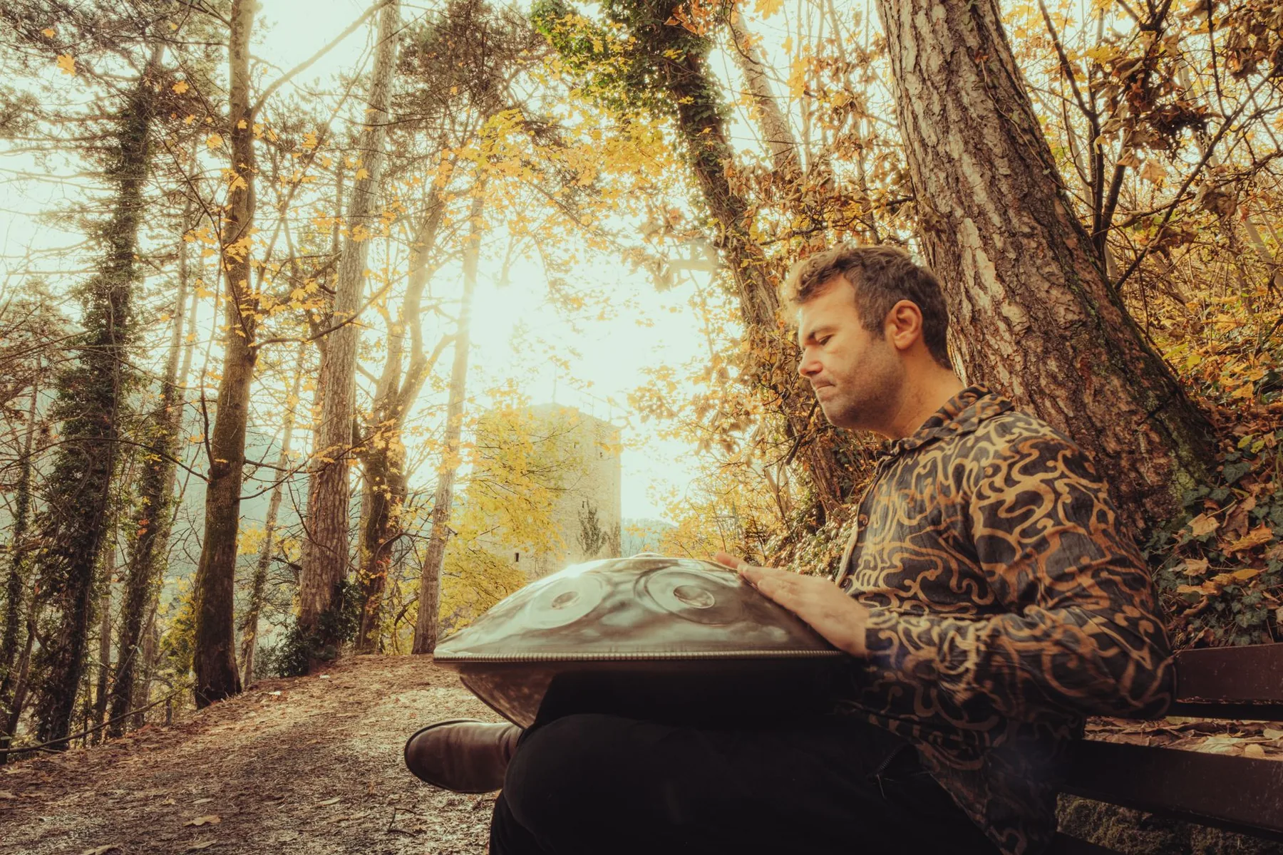Handpan player in the forest Handpan player in the forest