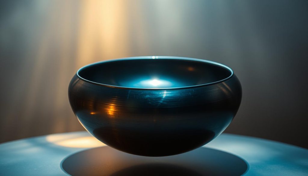 A handpan floating in a serene, softly lit environment, its metallic surface reflecting the gentle interplay of light and shadow. The handpan is the focal point, positioned centrally and captured from a slightly elevated angle to showcase its unique shape and inviting texture. The background is hazy and indistinct, creating a sense of depth and focus on the instrument. Ambient lighting casts a warm, muted glow, evoking a contemplative and exploratory mood. The composition emphasizes the handpan's acoustic qualities, inviting the viewer to imagine the rich, resonant tones it can produce.