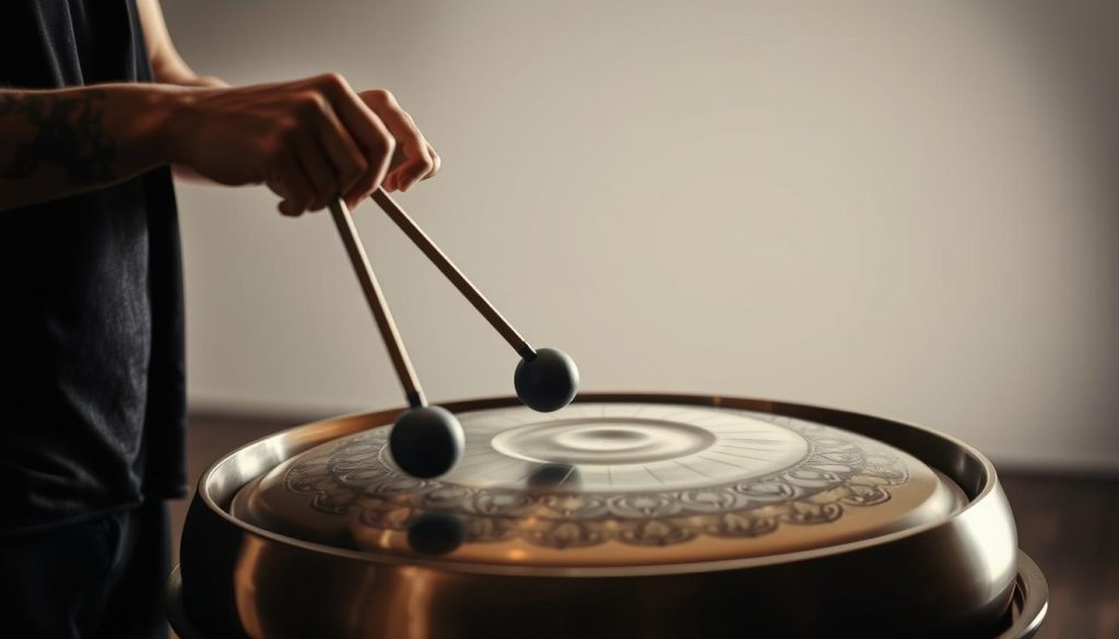 A serene, well-lit handpan performance scene. In the foreground, a person's hands skillfully strike the handpan, with mallets delicately gliding across the metallic surface. The middle ground showcases the handpan itself, its distinctive shape and intricate patterns catching the soft, diffuse lighting. In the background, a neutral, minimalist setting emphasizes the focus on the instrument and the performer's technique. The atmosphere is one of tranquility and concentration, inviting the viewer to engage with the soothing, meditative sound of the handpan.