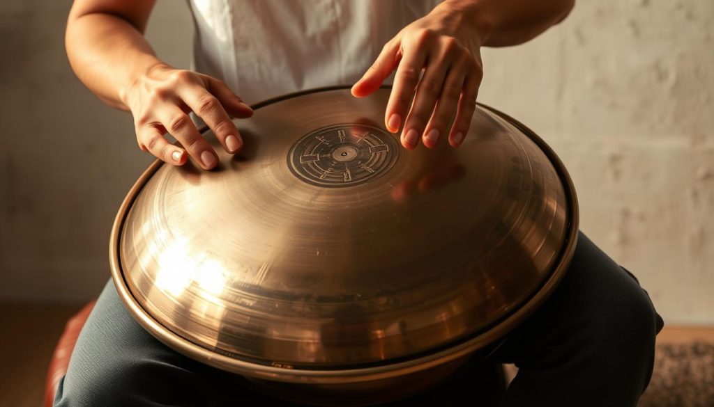 A skilled handpan player performing intermediate techniques, with warm, natural lighting illuminating the intricate rhythmic patterns created by the player's graceful movements. The handpan is held in a comfortable, ergonomic position, allowing the player to seamlessly transition between delicate taps, muted strokes, and resonant strikes. The scene is set against a softly blurred, textured background, emphasizing the focus on the handpan and the player's dexterous performance.