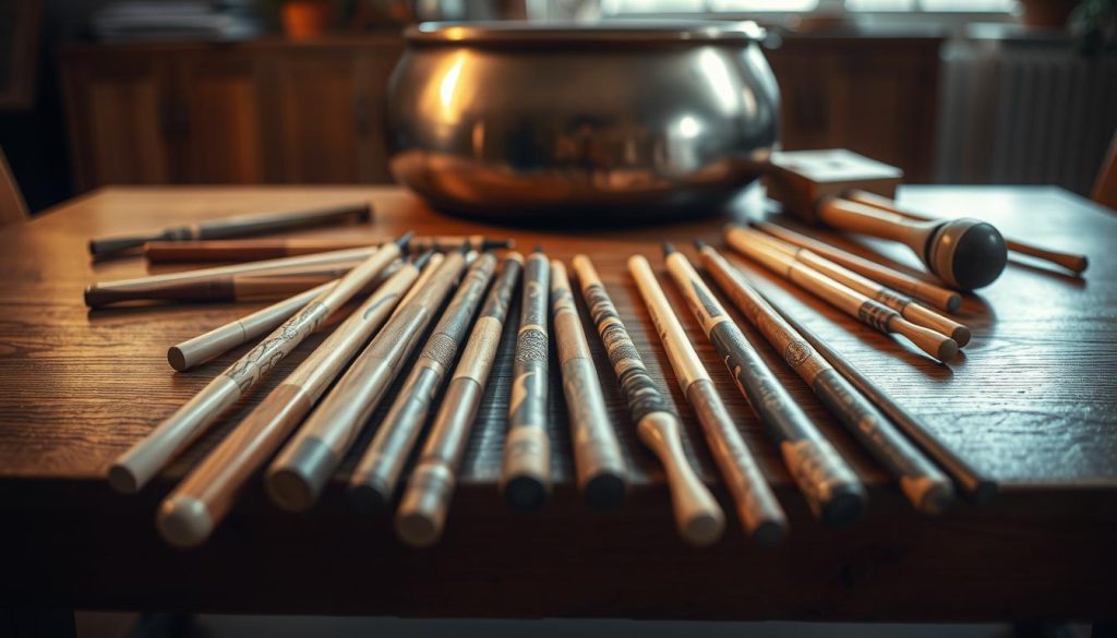 A well-lit wooden table, its surface adorned with an array of bespoke handpan drumsticks. The foreground showcases the diverse designs, textures, and materials - from smooth maple to intricate pyrographed handles. In the middle ground, a handpan instrument rests, its metallic tones inviting the viewer to imagine the resonant harmonies these chosen implements will produce. The background softly blurs, allowing the focus to remain on the carefully curated selection of drumsticks, each uniquely suited to coax out the nuanced expressions of the handpan. The scene exudes a sense of thoughtful consideration, guiding the musician towards the perfect pairing of tool and instrument.