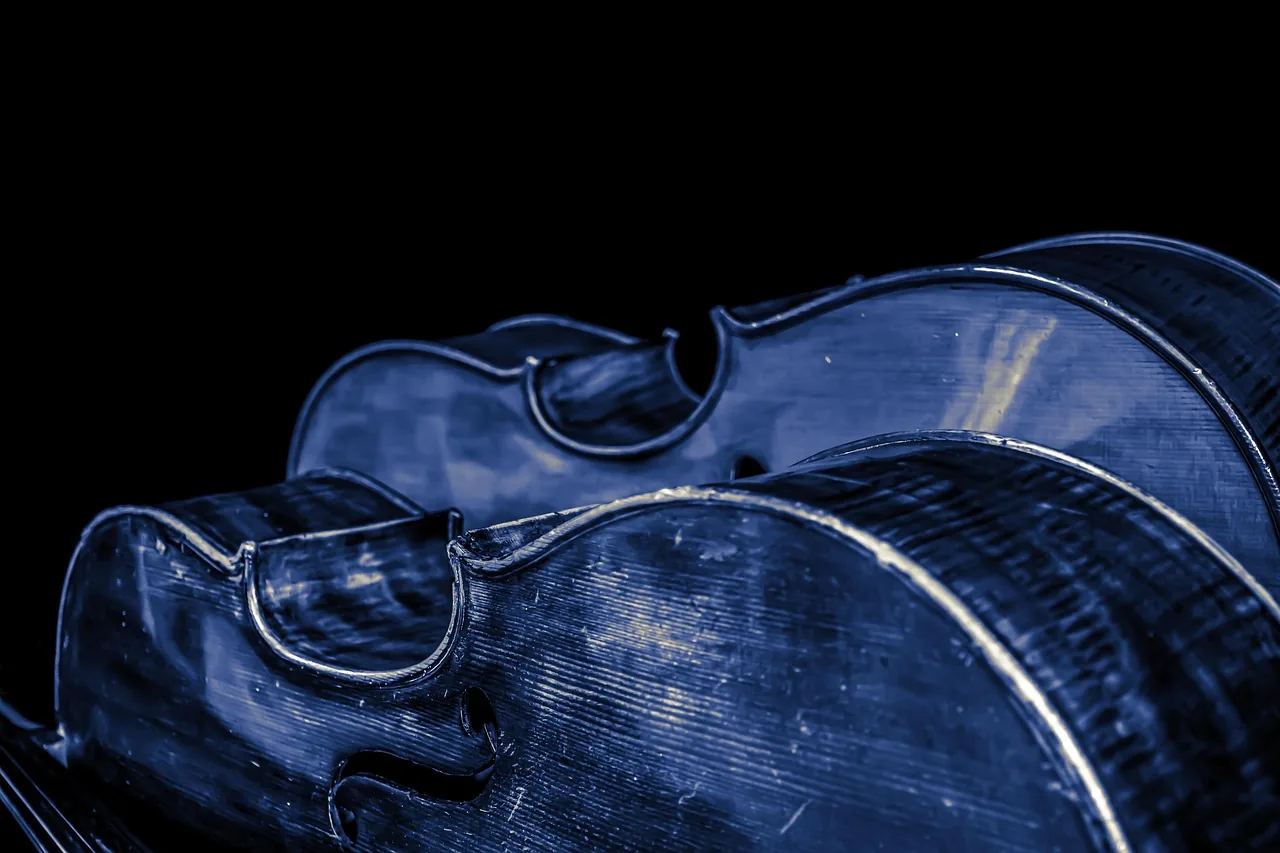 Violins under artistic blue lighting Violins under artistic blue lighting
