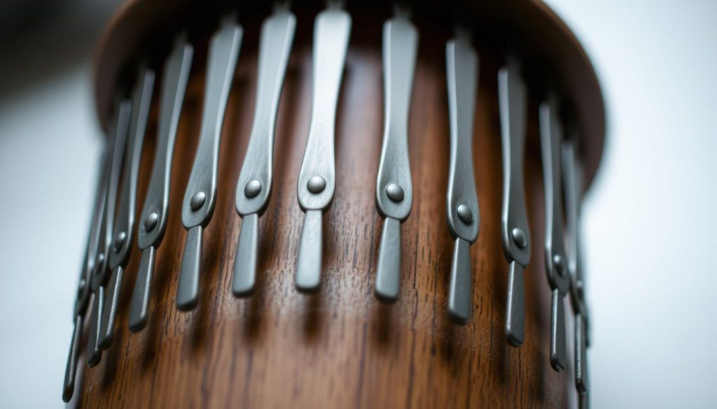 A close-up view of a handmade fabrication tongue drum, capturing its intricate details and textures. The drum's body is crafted from high-quality, responsibly sourced wood, with a rich, warm hue that complements the natural grain. The tongue-like metal plates are precisely arranged, creating a mesmerizing visual pattern that hints at the instrument's unique sound. Soft, diffused lighting illuminates the drum, emphasizing its tactile qualities and the skilled craftsmanship behind its creation. The overall composition invites the viewer to appreciate the meticulous attention to detail and the harmony of form and function that defines this captivating musical instrument. A close-up view of a handmade fabrication tongue drum, capturing its intricate details and textures. The drum's body is crafted from high-quality, responsibly sourced wood, with a rich, warm hue that complements the natural grain. The tongue-like metal plates are precisely arranged, creating a mesmerizing visual pattern that hints at the instrument's unique sound. Soft, diffused lighting illuminates the drum, emphasizing its tactile qualities and the skilled craftsmanship behind its creation. The overall composition invites the viewer to appreciate the meticulous attention to detail and the harmony of form and function that defines this captivating musical instrument.