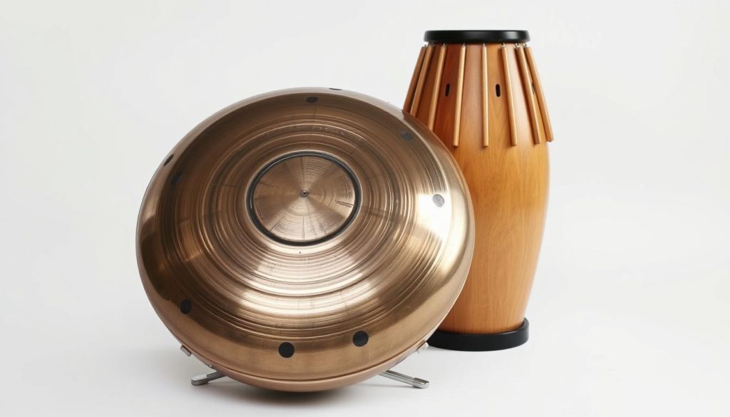 A detailed comparison of a handpan and a tongue drum, showcased in a pristine studio setting. The handpan rests on a sleek, minimalist table, its concentric circles and intricate metalwork glistening under soft, diffused lighting. Beside it, the tongue drum sits upright, its wooden body and array of tuned tongues creating a visually striking contrast. The scene is captured from a slightly elevated angle, emphasizing the unique shapes and textures of these complementary percussion instruments. The background is a clean, white backdrop, allowing the instruments to take center stage and highlighting their fundamental characteristics. A detailed comparison of a handpan and a tongue drum, showcased in a pristine studio setting. The handpan rests on a sleek, minimalist table, its concentric circles and intricate metalwork glistening under soft, diffused lighting. Beside it, the tongue drum sits upright, its wooden body and array of tuned tongues creating a visually striking contrast. The scene is captured from a slightly elevated angle, emphasizing the unique shapes and textures of these complementary percussion instruments. The background is a clean, white backdrop, allowing the instruments to take center stage and highlighting their fundamental characteristics.