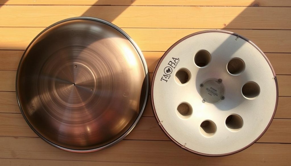 A handpan and tongue drum, two distinct musical instruments, lie side by side on a wooden surface. The handpan, with its distinctive domed shape and array of evenly spaced notes, reflects the warm glow of natural lighting. The tongue drum, with its unique tonal cavities, complements the handpan's presence, creating a harmonious visual display of their musical capabilities. The image captures the essence of their varying note counts and tonal ranges, highlighting the differences that define these captivating percussion instruments. A handpan and tongue drum, two distinct musical instruments, lie side by side on a wooden surface. The handpan, with its distinctive domed shape and array of evenly spaced notes, reflects the warm glow of natural lighting. The tongue drum, with its unique tonal cavities, complements the handpan's presence, creating a harmonious visual display of their musical capabilities. The image captures the essence of their varying note counts and tonal ranges, highlighting the differences that define these captivating percussion instruments.