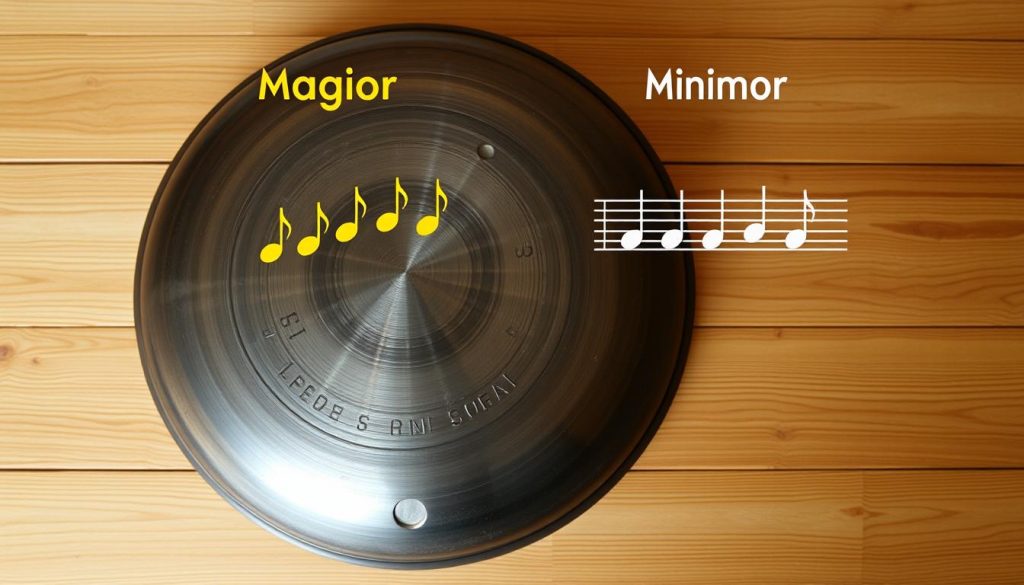 A handpan resting on a wooden surface, with two distinct musical scales - one major and one minor - illustrated above it. The major scale is represented by a series of ascending golden notes, while the minor scale is depicted by a set of ascending silver notes. The contrast between the two scales is emphasized through the use of complementary colors and subtle lighting, creating a harmonious and visually striking composition. The scene is captured with a wide-angle lens, providing a sense of depth and balance to the overall image. A handpan resting on a wooden surface, with two distinct musical scales - one major and one minor - illustrated above it. The major scale is represented by a series of ascending golden notes, while the minor scale is depicted by a set of ascending silver notes. The contrast between the two scales is emphasized through the use of complementary colors and subtle lighting, creating a harmonious and visually striking composition. The scene is captured with a wide-angle lens, providing a sense of depth and balance to the overall image.