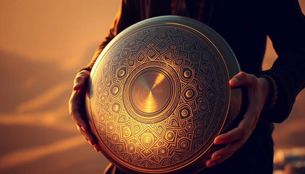 A serene and meditative scene of a handpan player immersed in the mesmerizing tones of an "Oriental gammes" performance. The handpan is held gently in the player's hands, its intricate and complex surface gleaming in the warm, golden lighting. The background is a softly blurred, dreamlike landscape, hinting at exotic, faraway lands. The overall atmosphere is one of deep contemplation and reverence for the instrument's unique and captivating sonic qualities. The camera angle is slightly elevated, giving a sense of the handpan's majestic presence. The lighting is subtle, creating deep shadows and highlights that accentuate the handpan's organic, metallic form. A serene and meditative scene of a handpan player immersed in the mesmerizing tones of an "Oriental gammes" performance. The handpan is held gently in the player's hands, its intricate and complex surface gleaming in the warm, golden lighting. The background is a softly blurred, dreamlike landscape, hinting at exotic, faraway lands. The overall atmosphere is one of deep contemplation and reverence for the instrument's unique and captivating sonic qualities. The camera angle is slightly elevated, giving a sense of the handpan's majestic presence. The lighting is subtle, creating deep shadows and highlights that accentuate the handpan's organic, metallic form.