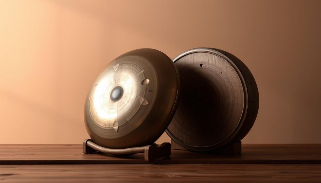A softly lit studio setting, featuring a handpan and a tongue drum positioned side by side on a wooden surface. The instruments are captured from a slightly elevated angle, creating a sense of depth and emphasizing their intricate details. The warm, muted lighting casts subtle shadows, highlighting the natural textures and metallic tones of the percussion pieces. The background is a minimalist, neutral backdrop, allowing the focus to remain on the musical instruments and their potential for melodic exploration. The overall composition conveys a sense of serenity and contemplation, inviting the viewer to imagine the harmonious interplay between the gammes musicales of these unique handpan and tongue drum instruments. A softly lit studio setting, featuring a handpan and a tongue drum positioned side by side on a wooden surface. The instruments are captured from a slightly elevated angle, creating a sense of depth and emphasizing their intricate details. The warm, muted lighting casts subtle shadows, highlighting the natural textures and metallic tones of the percussion pieces. The background is a minimalist, neutral backdrop, allowing the focus to remain on the musical instruments and their potential for melodic exploration. The overall composition conveys a sense of serenity and contemplation, inviting the viewer to imagine the harmonious interplay between the gammes musicales of these unique handpan and tongue drum instruments.