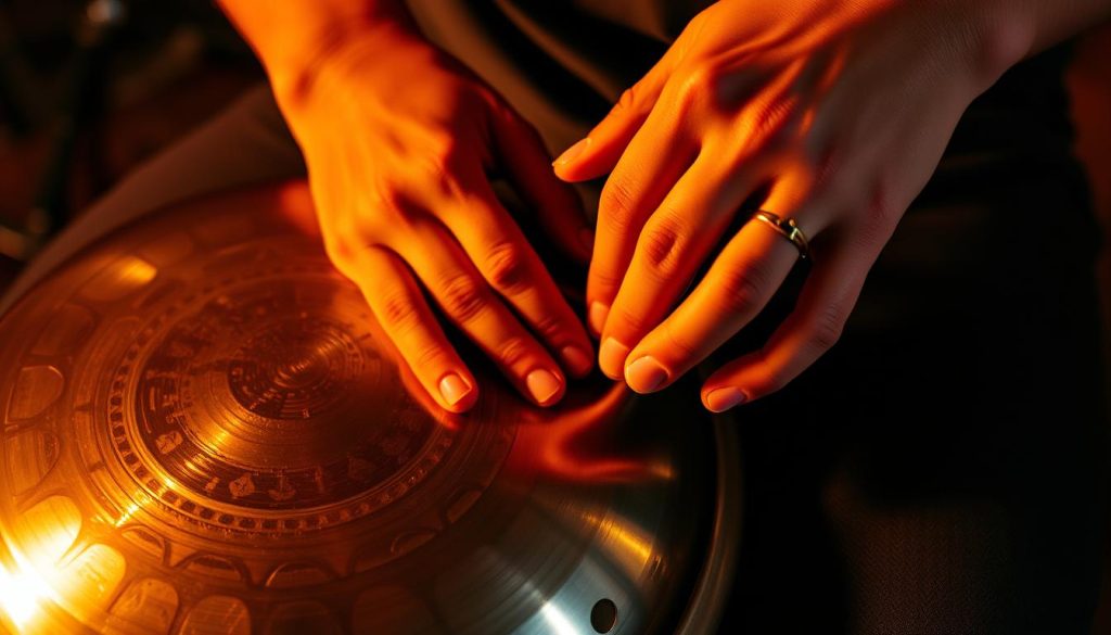 A visually striking close-up scene showcasing the unique playing techniques of the handpan and tongue drum. The instruments are prominently displayed, their metallic surfaces gleaming under warm, focused lighting that accentuates their intricate patterns and textures. Hands are delicately interacting with the instruments, demonstrating the fluid, rhythmic motions required to coax out their mesmerizing tones. The background is softly blurred, keeping the attention firmly on the central performance. The overall mood is one of concentration, creativity, and the joy of musical exploration. A visually striking close-up scene showcasing the unique playing techniques of the handpan and tongue drum. The instruments are prominently displayed, their metallic surfaces gleaming under warm, focused lighting that accentuates their intricate patterns and textures. Hands are delicately interacting with the instruments, demonstrating the fluid, rhythmic motions required to coax out their mesmerizing tones. The background is softly blurred, keeping the attention firmly on the central performance. The overall mood is one of concentration, creativity, and the joy of musical exploration.