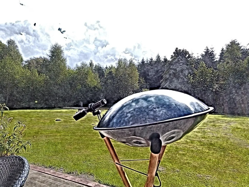Handpan displayed on an outdoor stand