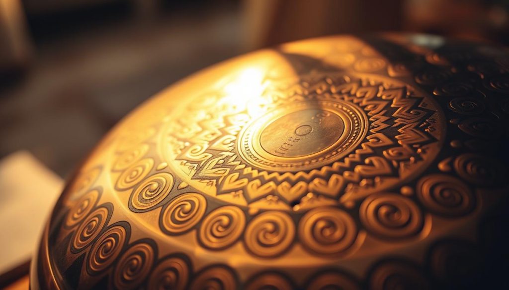 A close-up view of a handpan, its intricate surface etched with mesmerizing patterns that seem to resonate with the air around it. The handpan is bathed in a warm, golden light, casting gentle shadows that accentuate its curves and contours. The background is blurred, suggesting a serene, contemplative setting, allowing the viewer to focus solely on the instrument and its captivating frequencies. The image conveys a sense of harmony and tranquility, inviting the observer to immerse themselves in the unique sonic experience of the handpan. A close-up view of a handpan, its intricate surface etched with mesmerizing patterns that seem to resonate with the air around it. The handpan is bathed in a warm, golden light, casting gentle shadows that accentuate its curves and contours. The background is blurred, suggesting a serene, contemplative setting, allowing the viewer to focus solely on the instrument and its captivating frequencies. The image conveys a sense of harmony and tranquility, inviting the observer to immerse themselves in the unique sonic experience of the handpan.