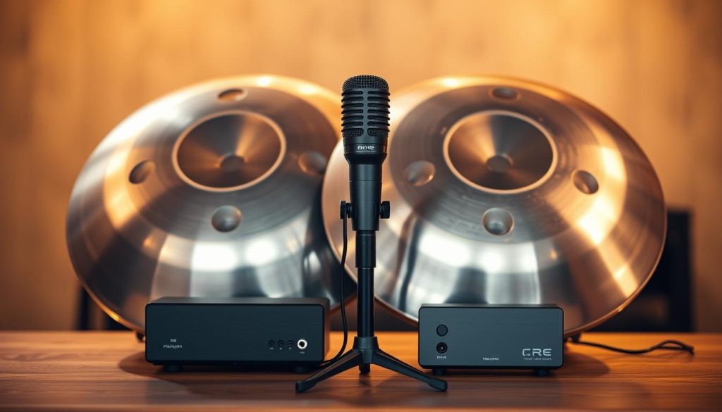 A pair of silver handpan drums resting on a wooden table, their metallic surfaces gleaming under the soft, warm lighting. In the foreground, a high-quality microphone and a compact, sleek audio amplifier stand side by side, creating a harmonious "couple" that captures the essence of the handpan's intimate, meditative sound. The background is blurred, allowing the focal point to remain the handpan and its accompanying gear. The overall scene exudes a sense of balance, simplicity, and the synergy between the instrument and the equipment needed to amplify its delicate tones. A pair of silver handpan drums resting on a wooden table, their metallic surfaces gleaming under the soft, warm lighting. In the foreground, a high-quality microphone and a compact, sleek audio amplifier stand side by side, creating a harmonious "couple" that captures the essence of the handpan's intimate, meditative sound. The background is blurred, allowing the focal point to remain the handpan and its accompanying gear. The overall scene exudes a sense of balance, simplicity, and the synergy between the instrument and the equipment needed to amplify its delicate tones.