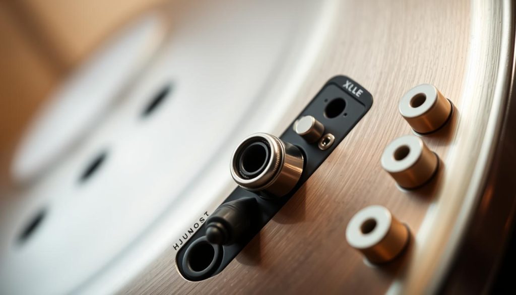 a detailed close-up photograph of a handpan musical instrument's audio connectors, showcasing the various inputs and outputs such as 1/4 inch jacks, XLR ports, and other connectivity options, captured with a high-resolution DSLR camera in a well-lit studio setting, demonstrating the essential audio connections needed to integrate the handpan with an amplifier or other sound equipment, the image should have a clean, professional, and informative tone to visually support the "Choisir un ampli adapté pour son handpan" article and the "La connectique à privilégier" section a detailed close-up photograph of a handpan musical instrument's audio connectors, showcasing the various inputs and outputs such as 1/4 inch jacks, XLR ports, and other connectivity options, captured with a high-resolution DSLR camera in a well-lit studio setting, demonstrating the essential audio connections needed to integrate the handpan with an amplifier or other sound equipment, the image should have a clean, professional, and informative tone to visually support the "Choisir un ampli adapté pour son handpan" article and the "La connectique à privilégier" section