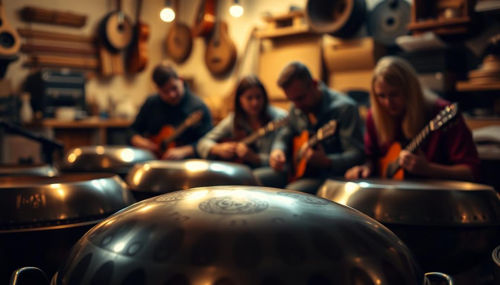 A group of musicians sitting in a cozy, dimly lit workshop, their faces illuminated by the warm glow of handpan instruments. The foreground features a handpan with intricate patterns, its metallic surface gleaming under the soft lighting. In the middle ground, the musicians are engrossed in their music, their expressions serene and focused. The background is blurred, creating a sense of intimacy and concentration. The overall mood is one of tranquility and artisanal craftsmanship, capturing the essence of the "Témoignages de musiciens bricoleurs" section. A group of musicians sitting in a cozy, dimly lit workshop, their faces illuminated by the warm glow of handpan instruments. The foreground features a handpan with intricate patterns, its metallic surface gleaming under the soft lighting. In the middle ground, the musicians are engrossed in their music, their expressions serene and focused. The background is blurred, creating a sense of intimacy and concentration. The overall mood is one of tranquility and artisanal craftsmanship, capturing the essence of the "Témoignages de musiciens bricoleurs" section.