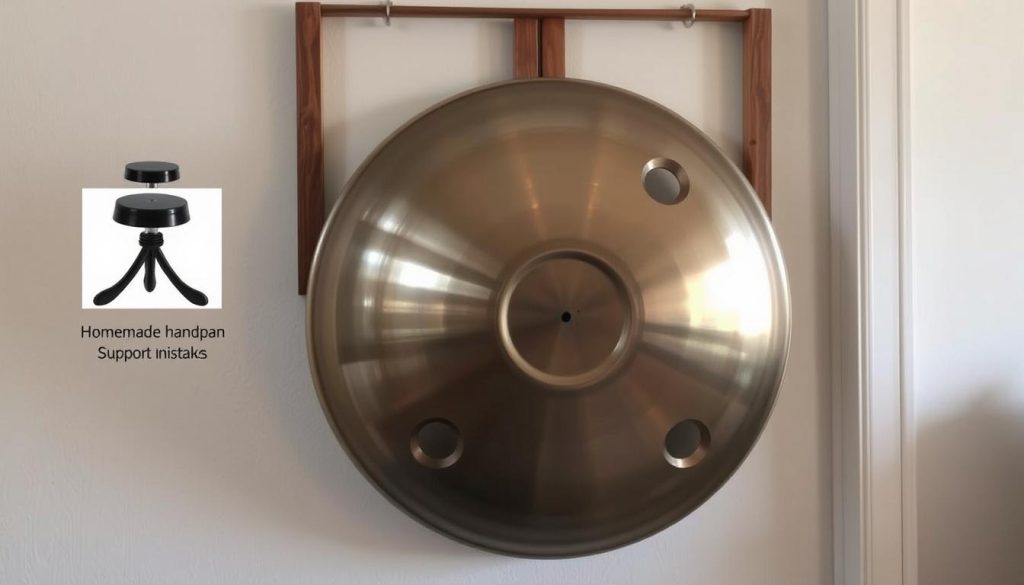 A handpan, a captivating musical instrument, rests on a homemade wall mount, its gleaming surface catching the soft, indirect lighting. In the foreground, a series of common handpan support mistakes are visually represented - an unstable mount, misaligned positioning, and improper dampening techniques. The middle ground showcases the handpan's intricate sound holes and beautiful, organic shape, while the background subtly suggests a serene, minimalist interior, allowing the instrument to take center stage. The overall mood is one of thoughtful consideration, guiding the viewer to avoid the pitfalls of handpan support and enjoy the instrument's full potential. A handpan, a captivating musical instrument, rests on a homemade wall mount, its gleaming surface catching the soft, indirect lighting. In the foreground, a series of common handpan support mistakes are visually represented - an unstable mount, misaligned positioning, and improper dampening techniques. The middle ground showcases the handpan's intricate sound holes and beautiful, organic shape, while the background subtly suggests a serene, minimalist interior, allowing the instrument to take center stage. The overall mood is one of thoughtful consideration, guiding the viewer to avoid the pitfalls of handpan support and enjoy the instrument's full potential.