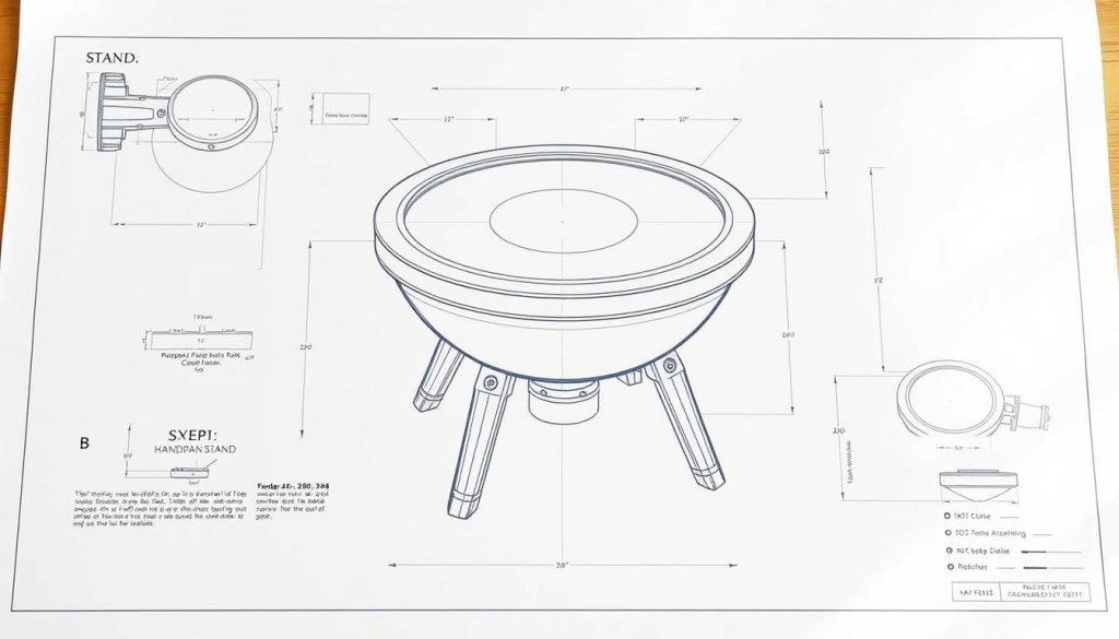 a highly detailed, technical blueprint of a handpan stand DIY plan, rendered in a technical line drawing style, featuring clear schematics and measurements, set against a plain white background with a warm, natural lighting, creating a professional, educational atmosphere suitable for a step-by-step tutorial a highly detailed, technical blueprint of a handpan stand DIY plan, rendered in a technical line drawing style, featuring clear schematics and measurements, set against a plain white background with a warm, natural lighting, creating a professional, educational atmosphere suitable for a step-by-step tutorial