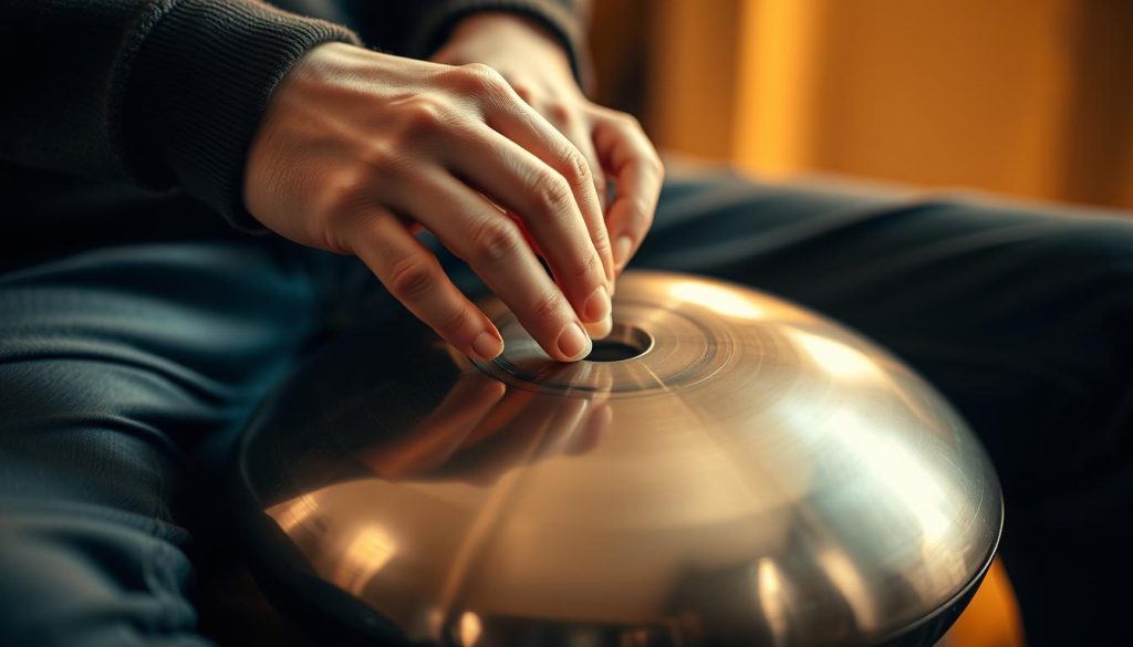 A close-up of a person's hands delicately tuning a handpan, the metallic instrument resting on their lap. The focus is on the intricate movements, the fingers precisely adjusting the notes, the face in deep concentration. The lighting is soft and warm, casting a gentle glow on the scene. The background is blurred, emphasizing the importance of the tuning process. The image conveys a sense of care, attention to detail, and the meticulous nature of ensuring a handpan is perfectly in tune. A close-up of a person's hands delicately tuning a handpan, the metallic instrument resting on their lap. The focus is on the intricate movements, the fingers precisely adjusting the notes, the face in deep concentration. The lighting is soft and warm, casting a gentle glow on the scene. The background is blurred, emphasizing the importance of the tuning process. The image conveys a sense of care, attention to detail, and the meticulous nature of ensuring a handpan is perfectly in tune.