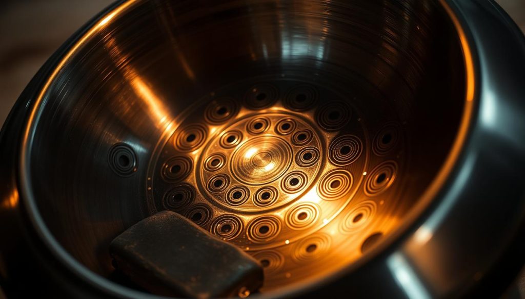 A close-up, high-resolution view of the intricate structure of a handpan, showcasing its distinctive metal alloy construction. The handpan is positioned in the center of the frame, lit from the side to accentuate the curves and contours of the concave surface. The metal has a polished, gleaming finish that reflects the light, highlighting the unique patterns and textures of the handpan's design. The background is softly blurred, keeping the focus on the captivating details of the instrument's fundamental architecture. The overall mood is one of precision, elegance, and the craftsmanship that goes into the creation of this mesmerizing musical tool.
