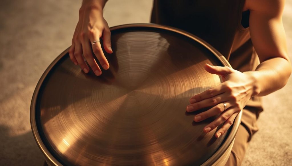 A handpan performer skillfully navigating the intricate techniques of the instrument, with hands gracefully striking the distinct zones of the handpan's surface, eliciting a rich, resonant harmony. The performer's focused expression and the instrument's shimmering, metallic texture create an intimate, meditative atmosphere. Warm, golden lighting accentuates the handpan's curves and the player's fluid movements, capturing the delicate interplay between the performer and the instrument. The scene is set against a softly blurred, neutral background, allowing the handpan and the techniques to take center stage.