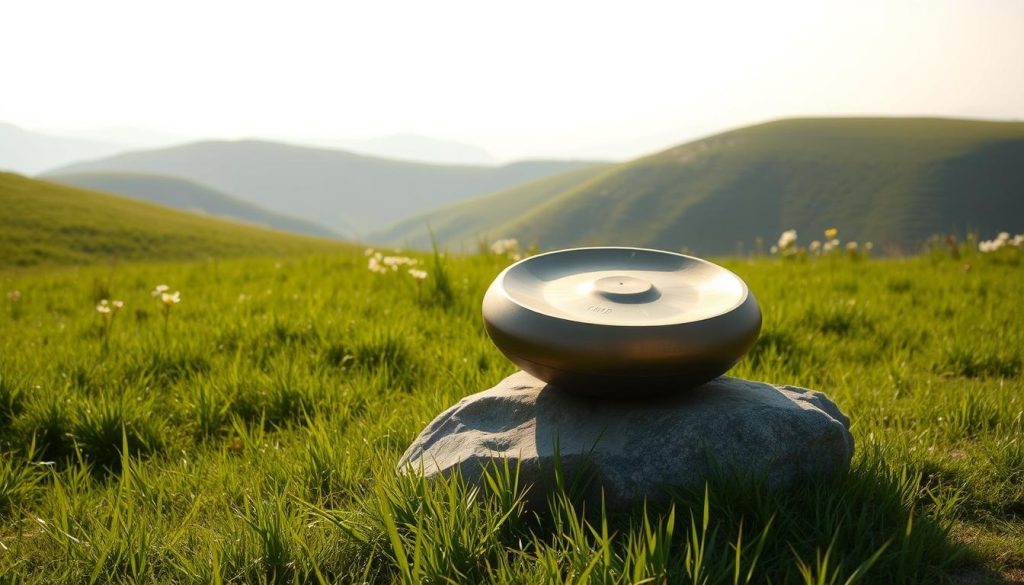 A serene, sun-dappled meadow with a handpan resting atop a smooth, weathered rock. The instrument's gentle curves catch the warm light, casting soft shadows across the verdant grassy foreground. In the middle distance, rolling hills dotted with blooming wildflowers lead the eye towards a hazy, atmospheric horizon. A sense of tranquility and contemplation permeates the scene, inviting the viewer to imagine the soothing, resonant tones that might emanate from the handpan. Subtle, natural lighting highlights the instrument's intricate design and texture, creating an image that evokes the calming, introspective nature of the different handpan scales and their emotive ambiances.