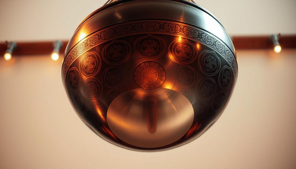 A captivating close-up of a striking handpan, its gleaming surface reflecting the warm lighting of a cozy studio. The handpan is suspended mid-air, its intricate patterns and gentle curves inviting the viewer to imagine the soothing, meditative tones it would produce. The background is a softly blurred, neutral palette, allowing the instrument to take center stage and captivate the viewer's attention. The overall mood is one of tranquility and artistic expression, perfectly capturing the essence of the pioneering Hang Massive and their contribution to the handpan music genre.