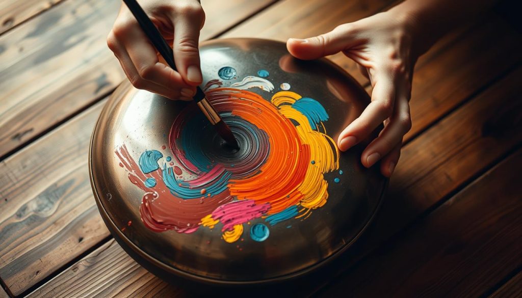 A close-up view of an artist's hands meticulously painting a handpan with vibrant, organic brushstrokes. The handpan is positioned on a wooden surface, allowing the natural grain and texture to complement the intricate painting. Warm, soft lighting casts gentle shadows, emphasizing the artist's careful technique and the tactile nature of the process. The composition focuses on the hand movements, brush handling, and the gradual emergence of a unique, personalized design on the handpan's surface. The overall atmosphere is one of artistic expression, craftsmanship, and the intimate connection between the artist and their medium.
