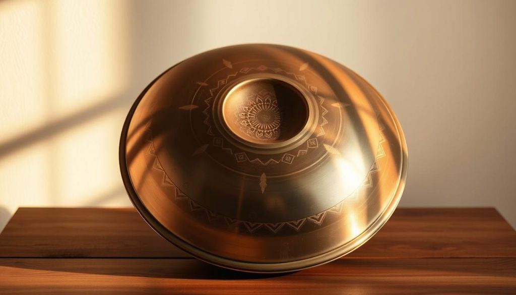 A handpan instrument rests on a wooden surface, its metallic surface adorned with a delicate pochoirs design. The design features intricate geometric patterns, subtle gradients, and a harmonious color palette that complements the natural tones of the handpan. Warm, directional lighting casts gentle shadows, highlighting the textural details of the instrument and the stenciled artwork. The composition is framed by a clean, minimalist environment, allowing the handpan and its decorative elements to take center stage. The overall mood is one of refined artistry, showcasing the craftsmanship and personalization possible with this unique musical instrument.