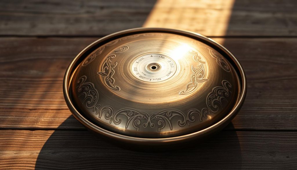 A handpan resting on a weathered wooden surface, its concave shape and intricate gravure patterns catching the warm, directional light. The metal surface is adorned with delicate, carved designs that create a sense of depth and texture, inviting the viewer to explore the instrument's tactile qualities. The composition is framed by a minimalist, natural backdrop, allowing the handpan to be the focal point. The overall atmosphere is one of artisanal craftsmanship, where the skilled hand of the maker is evident in the harmonious blend of form and function.