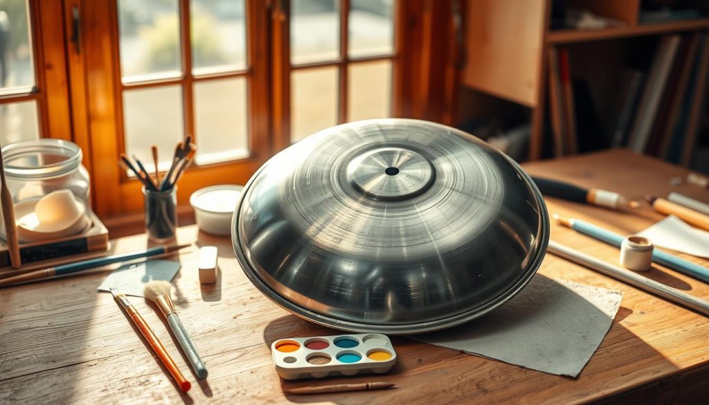 A handpan resting on a wooden workbench, surrounded by various tools and materials for preparation. Soft, warm lighting casts gentle shadows, creating a serene atmosphere. In the foreground, a selection of paint brushes, sandpaper, and a small palette of acrylic paints await. The middle ground features the handpan, its metal surface gleaming, ready to be personalized. In the background, a window overlooking a tranquil outdoor scene, hinting at the inspiration and creativity to come. The overall composition conveys a sense of anticipation and the careful, deliberate process of preparing a handpan for its unique artistic transformation.
