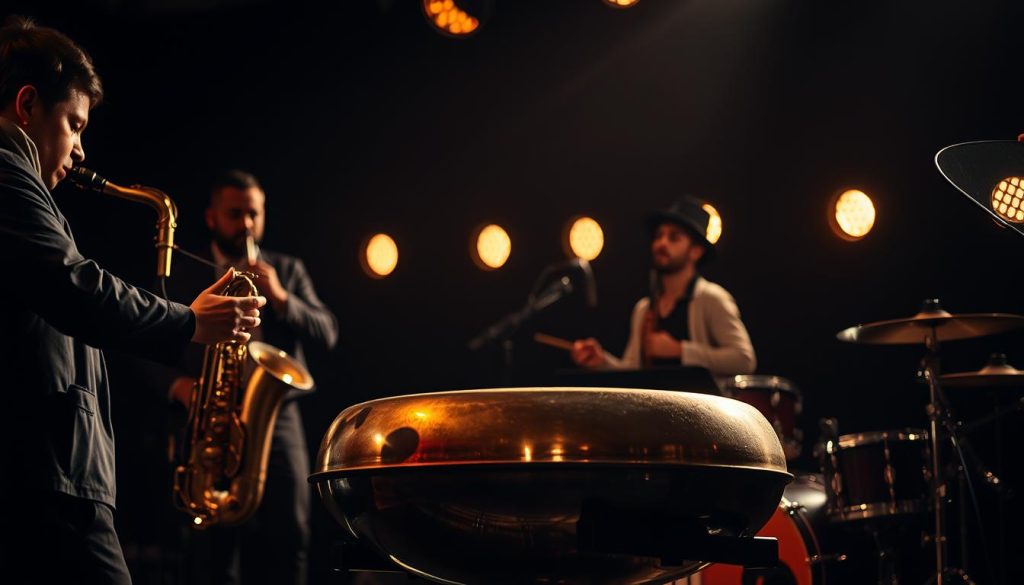 A jazz quartet composed of a handpan player, saxophonist, bassist, and drummer perform on a dimly lit stage. The handpan player's hands gracefully strike the mesmerizing metallic instrument, creating a hauntingly beautiful soundscape that blends seamlessly with the saxophone's soulful melodies and the pulsing rhythm section. Soft, warm lighting casts a gentle glow, highlighting the musicians' intense focus and the audience's rapt attention. The scene exudes a captivating, atmospheric ambiance, inviting the viewer to be transported into the enchanting world of jazz and handpan.