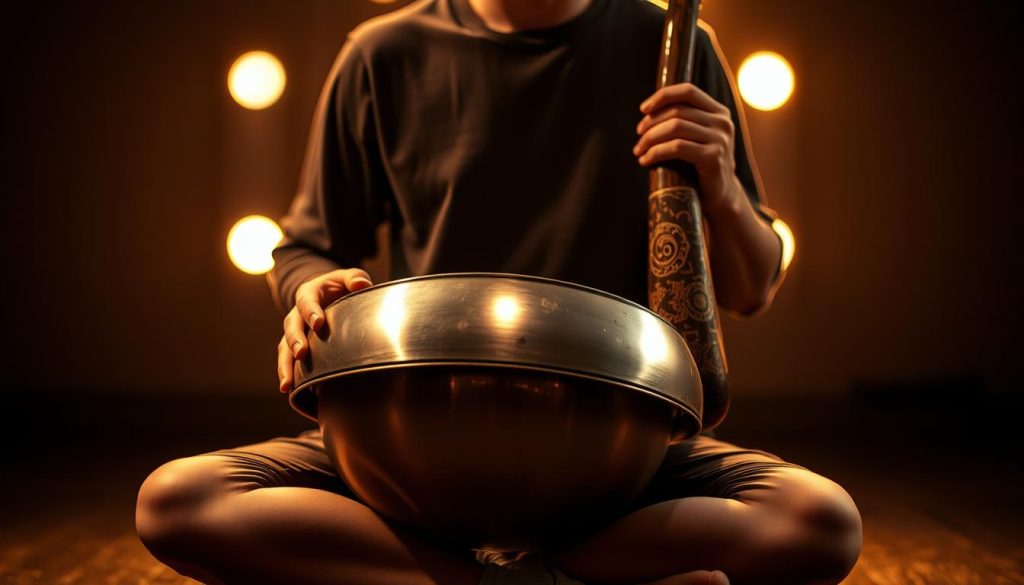 A musician sitting cross-legged, holding a yatao handpan and a didgeridoo. The handpan rests on their lap, its metallic surface gleaming under warm, diffused lighting. The didgeridoo is held vertically, its rich, earthy tone resonating in the dimly lit, atmospheric studio space. The background is blurred, allowing the focus to remain on the instruments and the performer, creating a sense of intimate, meditative performance. The lighting is soft and subtle, highlighting the textures and curves of the handpan and the organic shape of the didgeridoo, evoking a calming, introspective mood.