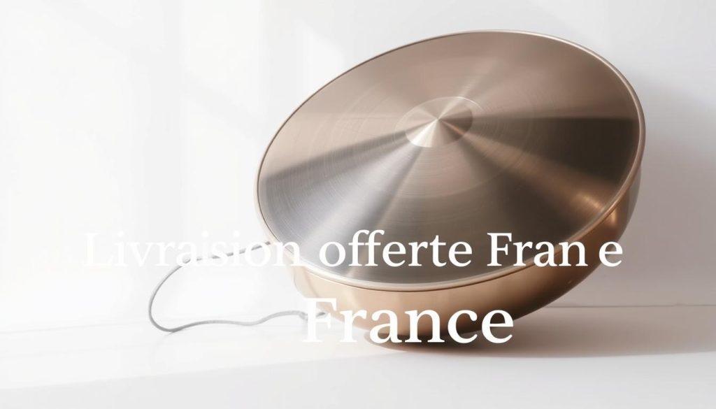 A pristine handpan drum resting on a minimalist white background, illuminated by soft, natural lighting. The drum's metallic surface gleams, reflecting the subtle details of its intricate design. In the foreground, a crisp typographic treatment showcases the text "Livraison offerte France" in a clean, elegant font. The composition conveys a sense of simplicity, quality, and the effortless accessibility of the free shipping offer, perfectly complementing the article's subject matter.