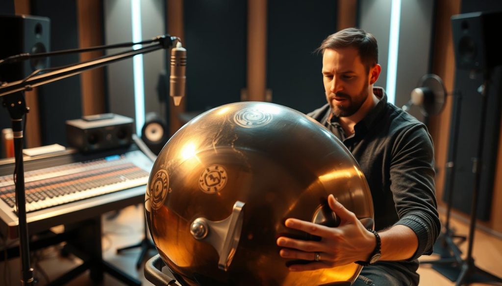 A professional handpan musician performs a dynamic and emotive recording session in a high-quality audio studio. The handpan, a unique inverted steel drum instrument, is prominently featured in the frame, its intricate patterns and metallic sheen gleaming under warm, focused studio lighting. The musician's skilled hands and intense expression convey the passion and artistry of the performance. In the background, a recording console, microphones, and other professional audio equipment suggest a meticulously crafted, professional-grade musical production. The overall atmosphere is one of creative focus, technical mastery, and the pursuit of audio excellence, perfectly suited to illustrate the "professional quality" of handpan music for use in videos and other multimedia applications.