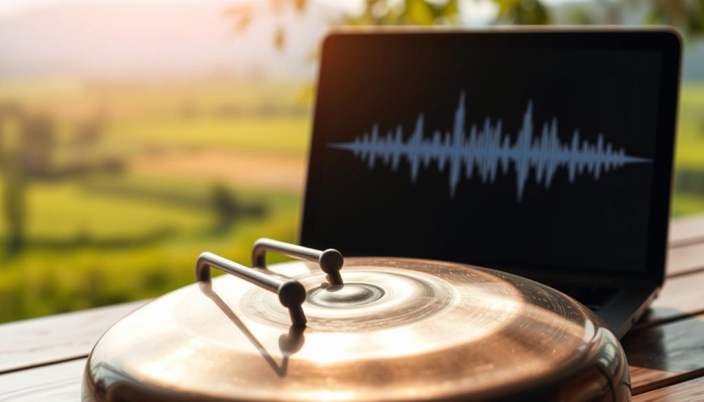 A serene and harmonious scene showcasing the benefits of royalty-free music. In the foreground, a handpan instrument rests on a wooden surface, its metallic surface gleaming under soft, natural lighting. In the middle ground, a laptop or tablet displays a visual representation of sound waves, symbolizing the versatility and accessibility of copyright-free audio. The background features a blurred, pastoral landscape, evoking a sense of tranquility and creativity. The overall composition conveys the idea of a seamless, hassle-free integration of royalty-free music into multimedia projects, promoting artistic expression without legal constraints.