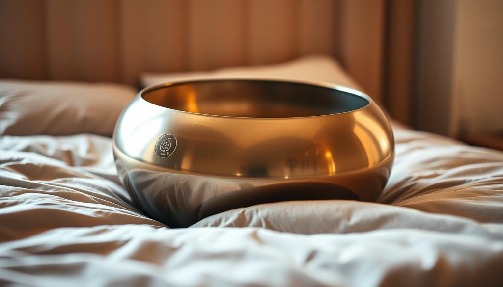 A serene and tranquil scene of a handpan musical instrument, its metallic surface reflecting the soft, warm lighting of a bedroom. The handpan is placed on a plush, neutral-toned bedding, inviting the viewer to imagine the soothing, sleep-inducing melodies it might produce. The background is a blurred, calming palette of earthy tones, creating a sense of intimacy and relaxation. The composition is balanced, with the handpan centered and slightly elevated, drawing the eye to its captivating form. Subtle shadows and highlights accentuate the organic curves and texture of the instrument, evoking a sense of depth and dimension. The overall mood is one of peaceful slumber, perfectly capturing the essence of a "playlist handpan sommeil" for the article's section on choosing the best handpan playlist for sleep. A serene and tranquil scene of a handpan musical instrument, its metallic surface reflecting the soft, warm lighting of a bedroom. The handpan is placed on a plush, neutral-toned bedding, inviting the viewer to imagine the soothing, sleep-inducing melodies it might produce. The background is a blurred, calming palette of earthy tones, creating a sense of intimacy and relaxation. The composition is balanced, with the handpan centered and slightly elevated, drawing the eye to its captivating form. Subtle shadows and highlights accentuate the organic curves and texture of the instrument, evoking a sense of depth and dimension. The overall mood is one of peaceful slumber, perfectly capturing the essence of a "playlist handpan sommeil" for the article's section on choosing the best handpan playlist for sleep.