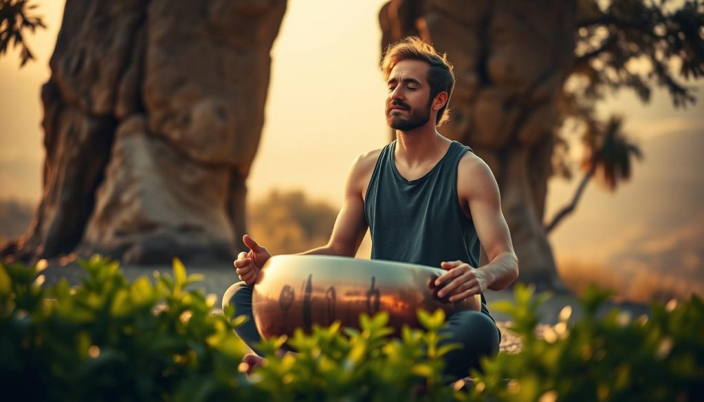 A serene, meditative portrait of Malte Marten, a renowned handpan musician, set against a tranquil, earthy backdrop. Marten sits cross-legged, eyes closed, as he intently focuses on the handpan resting in his lap, his face bathed in soft, natural lighting. The handpan's mesmerizing metallic surface reflects the warm, golden tones of the scene, complementing the overall sense of calm and inner peace. In the middle ground, lush, verdant foliage frames the composition, while the background fades into a hazy, dreamlike landscape, evoking a sense of timelessness and transcendence. The overall atmosphere is one of deep contemplation and immersive musical exploration.