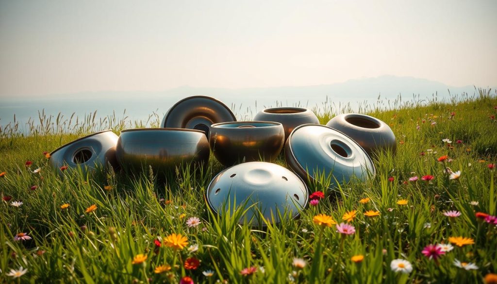 Gammes variées de handpan, a captivating display of diverse handpan melodies. A serene, sun-drenched meadow provides the setting, with lush green grass and vibrant wildflowers decorating the foreground. In the center, several handpan instruments in a variety of metallic hues are artfully arranged, their distinctive shapes and textures inviting the viewer to imagine the soothing, resonant tones they produce. Soft, diffused lighting creates a warm, calming atmosphere, while the background gently fades into a tranquil, hazy horizon, suggesting a sense of infinite musical possibilities. The overall composition evokes a feeling of musical freedom and expression, perfectly encapsulating the essence of handpan music for videos.