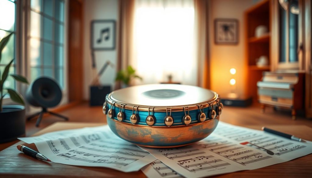 A beautifully arranged composition featuring a tongue drum with 15 notes, highlighting its unique tonal structure. In the foreground, the tongue drum is centered, showcasing its polished surface and vibrant colors, reflecting tones of blue and bronze. The middle ground includes musical notation sheets spread casually, with soft notes and scales visually intertwined around the drum, emphasizing the concept of scale and tonal variety. The background is softly blurred, depicting a serene music studio with warm wooden elements and soft ambient light illuminating the scene from a window. The atmosphere is tranquil and inviting, perfect for inspiring creativity in music selection. The overall mood conveys harmony, focus, and the beauty of musical expression. A beautifully arranged composition featuring a tongue drum with 15 notes, highlighting its unique tonal structure. In the foreground, the tongue drum is centered, showcasing its polished surface and vibrant colors, reflecting tones of blue and bronze. The middle ground includes musical notation sheets spread casually, with soft notes and scales visually intertwined around the drum, emphasizing the concept of scale and tonal variety. The background is softly blurred, depicting a serene music studio with warm wooden elements and soft ambient light illuminating the scene from a window. The atmosphere is tranquil and inviting, perfect for inspiring creativity in music selection. The overall mood conveys harmony, focus, and the beauty of musical expression.