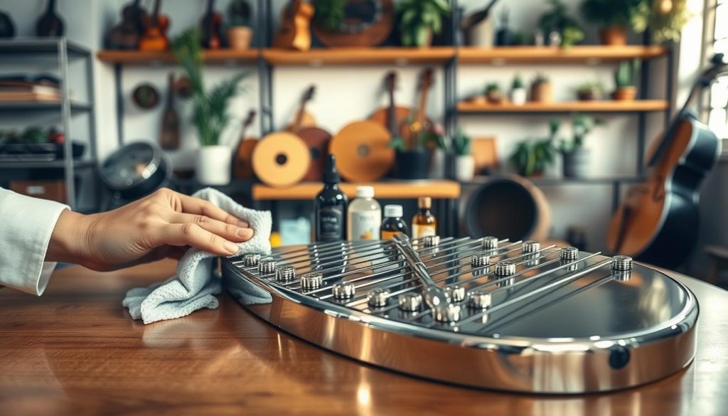 A beautifully arranged scene of a tongue drum made of polished steel, showcasing its 11 notes. The foreground features a close-up of hands gently cleaning the drum using a soft cloth and specialized instrument care tools. In the middle ground, an elegant wooden table displays various maintenance items such as metal polish and natural oils, subtly reflecting warm light. The background shows shelves lined with other musical instruments and decorative plants, hinting at a cozy, artistic workshop atmosphere. Soft, diffused lighting creates a serene and focused mood, emphasizing the gleaming surface of the drum while capturing the essence of instrument care. The image should exclude any text or signatures, purely illustrating the theme of metal maintenance for sound resonance. A beautifully arranged scene of a tongue drum made of polished steel, showcasing its 11 notes. The foreground features a close-up of hands gently cleaning the drum using a soft cloth and specialized instrument care tools. In the middle ground, an elegant wooden table displays various maintenance items such as metal polish and natural oils, subtly reflecting warm light. The background shows shelves lined with other musical instruments and decorative plants, hinting at a cozy, artistic workshop atmosphere. Soft, diffused lighting creates a serene and focused mood, emphasizing the gleaming surface of the drum while capturing the essence of instrument care. The image should exclude any text or signatures, purely illustrating the theme of metal maintenance for sound resonance.