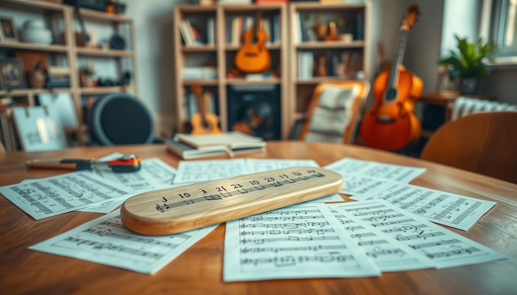 A beautifully composed image depicting a tongue drum with 11 notes, laid out prominently in the foreground. Surrounding the drum, scattered sheets of music displaying "notation chiffrée" in a clear, artistic style, with numbers and symbols elegantly handwritten. The middle ground features a softly lit wooden table, enhancing the warm atmosphere, while in the background, blurred shelves filled with various musical instruments and books set an inviting, studio-like scene. The lighting is warm and natural, streaming in from a nearby window, creating soft shadows that play across the surfaces. The focus is sharp on the tongue drum and sheet music, inviting the viewer to immerse in the world of music reading. The overall mood is creative and educational, perfect for conveying the joy of learning music. A beautifully composed image depicting a tongue drum with 11 notes, laid out prominently in the foreground. Surrounding the drum, scattered sheets of music displaying "notation chiffrée" in a clear, artistic style, with numbers and symbols elegantly handwritten. The middle ground features a softly lit wooden table, enhancing the warm atmosphere, while in the background, blurred shelves filled with various musical instruments and books set an inviting, studio-like scene. The lighting is warm and natural, streaming in from a nearby window, creating soft shadows that play across the surfaces. The focus is sharp on the tongue drum and sheet music, inviting the viewer to immerse in the world of music reading. The overall mood is creative and educational, perfect for conveying the joy of learning music.