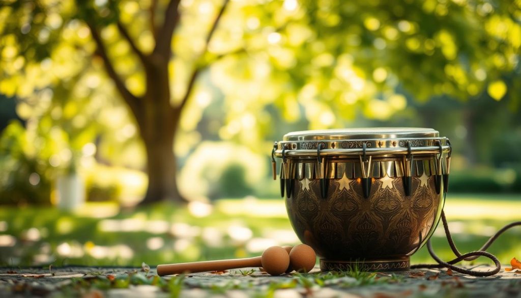 A beautifully crafted technique frappe tongue drum, elegantly positioned in the foreground. The drum, made from polished metal and featuring intricate, hand-painted designs, reflects soft light that highlights its curves and textures. Surrounding the drum are a pair of mallets, gracefully resting nearby, hinting at the actions of a musician. In the middle ground, a serene outdoor setting with lush greenery blurred in the background suggests an atmosphere of tranquility and focus. Gentle sunlight filters through the tree leaves, casting dappled shadows on the ground. The overall mood is peaceful and harmonious, drawing viewers into the world of melodic exploration. A slight depth of field blurs the background, emphasizing the craftsmanship of the drum.
