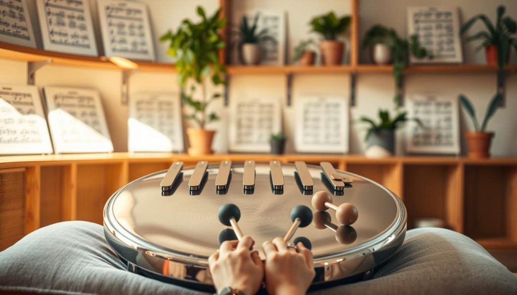 A beautifully crafted tongue drum, made of polished steel, is set as the focal point. The instrument, featuring eight precision-tuned notes with gracefully curved tongues, reflects soft, natural light, highlighting its gleaming surface and intricate patterns. In the foreground, soft fabric pads support the drum, enhancing its aesthetic appeal. The middle ground subtly incorporates a pair of hands, delicately poised with mallets, ready to play, adding a sense of interaction and motion. The background is softly blurred, depicting a serene music studio environment with wooden shelves lined with musical sheets and plants, creating an inviting atmosphere. The lighting is warm and bright, evoking a sense of creativity and calm, perfect for illustrating the origins and functionality of this unique percussion instrument.