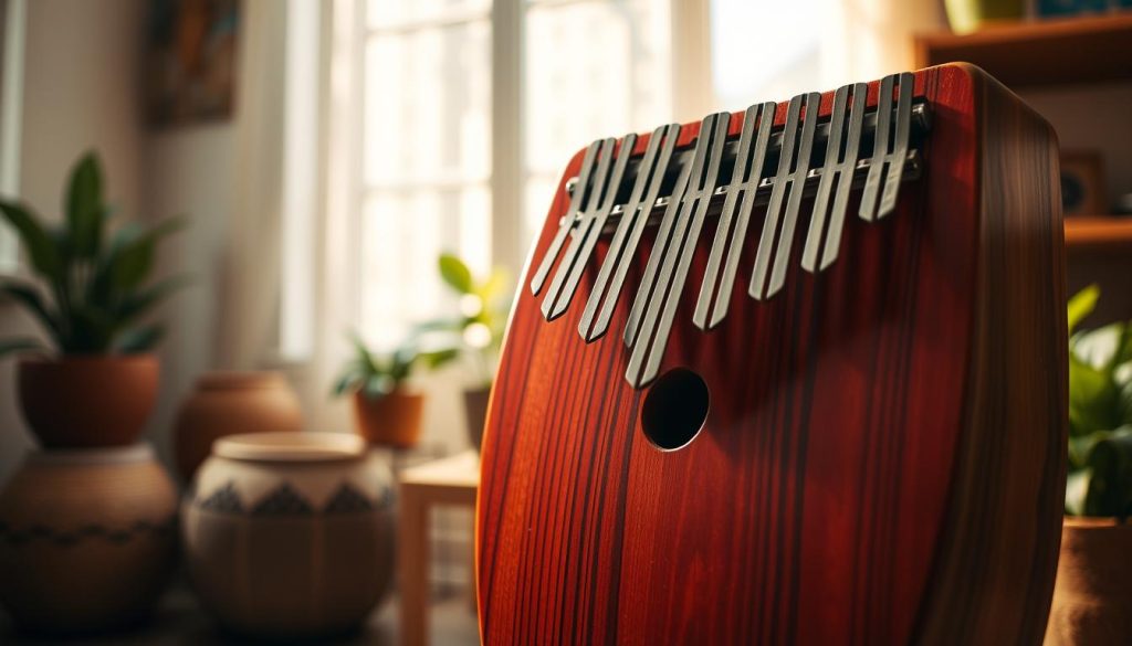 A beautifully crafted tongue drum, showcasing an 8-note scale, is prominently displayed in the foreground, capturing intricate details such as its handcrafted wooden surface, polished finish, and vibrant colors. The drum's resonant tone holes are artfully arranged, emphasizing its musical capabilities. Soft, diffused natural light filters in from the left, creating gentle highlights and shadows that enhance the texture of the wood. In the middle ground, a serene setting of a cozy room with warm wooden accents complements the drum, while a blurred background featuring soft greenery and light, inviting elements such as potted plants adds to the tranquil atmosphere. The overall mood is peaceful and meditative, inviting viewers to appreciate the importance of scale and tonality in music.