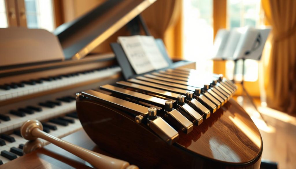 A beautifully crafted tongue drum with 15 metallic notes, gleaming with a polished finish, prominently displayed in the foreground. The drum is surrounded by delicate mallets, showcasing its unique large tessiture. In the middle ground, soft iridescent piano keys are blurred, hinting at musical harmony. In the background, a softly lit room with warm wooden tones creates an inviting atmosphere, with subtle music sheets resting on a stand. Natural light filters through a nearby window, casting gentle shadows that accentuate the curves and details of the tongue drum. The mood is serene and contemplative, inviting viewers to appreciate the beauty of sound and the richness of music. A beautifully crafted tongue drum with 15 metallic notes, gleaming with a polished finish, prominently displayed in the foreground. The drum is surrounded by delicate mallets, showcasing its unique large tessiture. In the middle ground, soft iridescent piano keys are blurred, hinting at musical harmony. In the background, a softly lit room with warm wooden tones creates an inviting atmosphere, with subtle music sheets resting on a stand. Natural light filters through a nearby window, casting gentle shadows that accentuate the curves and details of the tongue drum. The mood is serene and contemplative, inviting viewers to appreciate the beauty of sound and the richness of music.