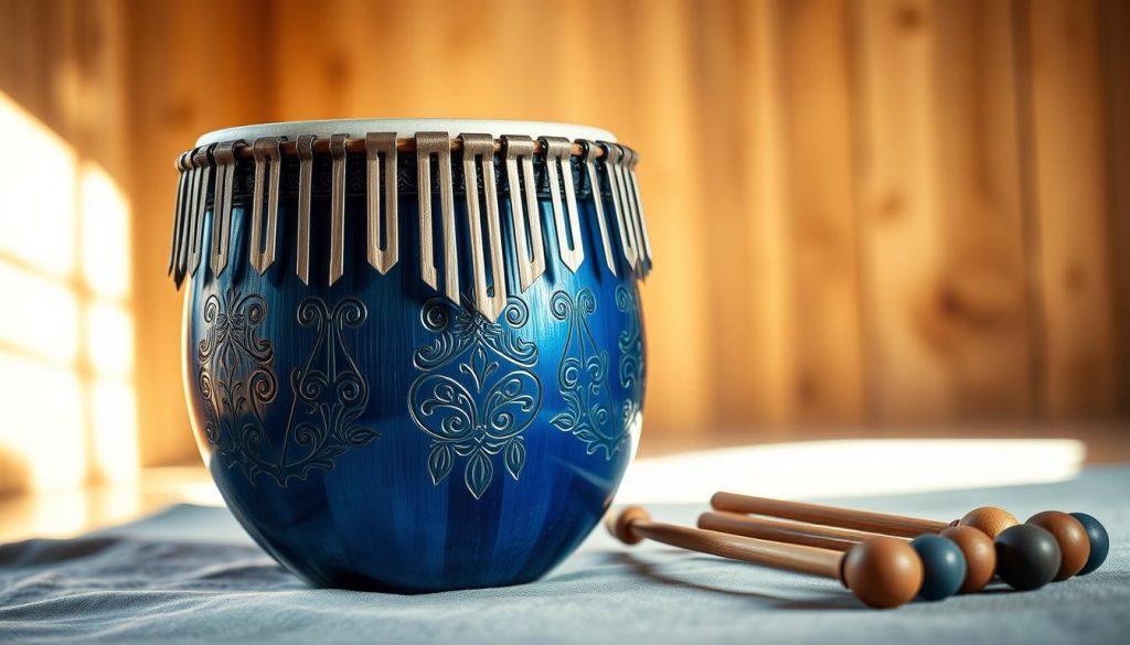 A beautifully crafted tongue drum with 15 notes, set prominently in the foreground. The instrument features a vibrant, deep blue finish with intricate, hand-carved patterns adorning its surface, reflecting quality craftsmanship. Soft natural light illuminates the drum, creating gentle highlights that accentuate its curved edges and the smoothness of the metal. In the middle ground, various mallets made of wood and rubber lie beside the drum, hinting at the diversity of sound they produce. The background softly blurs into a warm wooden studio space, evoking a sense of tranquility and inviting exploration. The atmosphere is peaceful and focused, ideal for appreciating the durable sound of quality materials. The overall composition suggests a blend of artistry and craftsmanship, showcasing the tongue drum as a serious instrument for musicians. A beautifully crafted tongue drum with 15 notes, set prominently in the foreground. The instrument features a vibrant, deep blue finish with intricate, hand-carved patterns adorning its surface, reflecting quality craftsmanship. Soft natural light illuminates the drum, creating gentle highlights that accentuate its curved edges and the smoothness of the metal. In the middle ground, various mallets made of wood and rubber lie beside the drum, hinting at the diversity of sound they produce. The background softly blurs into a warm wooden studio space, evoking a sense of tranquility and inviting exploration. The atmosphere is peaceful and focused, ideal for appreciating the durable sound of quality materials. The overall composition suggests a blend of artistry and craftsmanship, showcasing the tongue drum as a serious instrument for musicians.