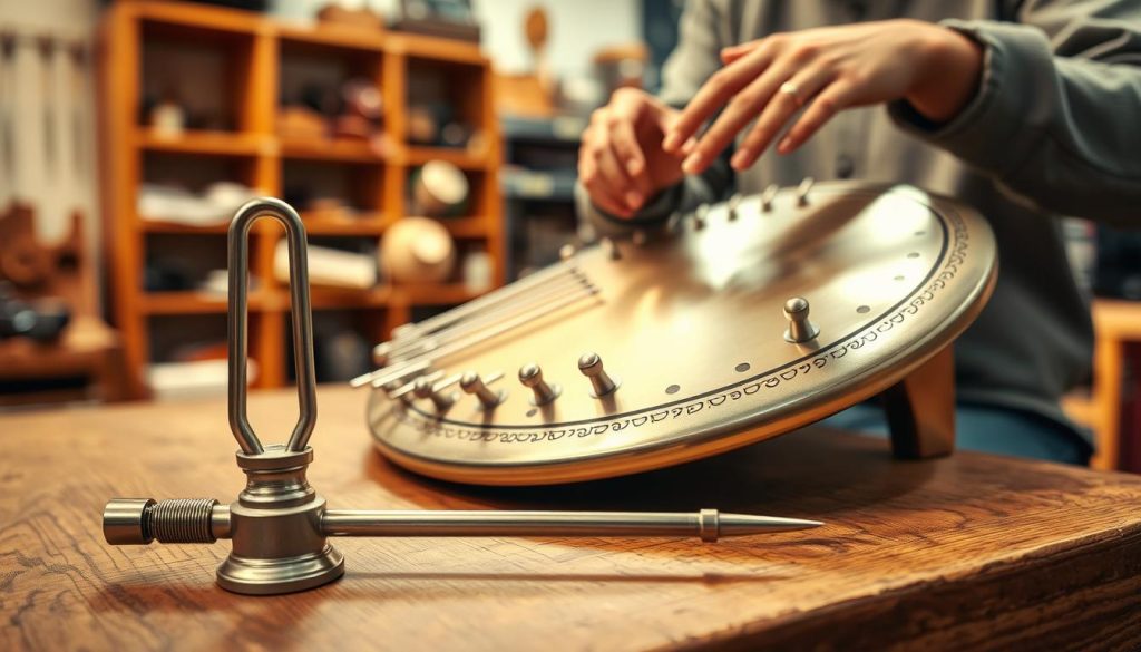 A close-up view of a beautifully crafted tongue drum with 15 notes, set on a wooden table. The drum is made of high-quality metal and features intricate designs etched into its surface. In the foreground, a tuning fork rests beside the drum, symbolizing the concept of frequency and tuning. The middle ground shows a musician's hands delicately playing the drum, wearing modest casual clothing. Soft, warm lighting illuminates the scene, creating a serene and inviting atmosphere. The background features a softly blurred workshop setting, with shelves of musical instruments and tuning supplies, hinting at a space dedicated to musical craftsmanship. The angle captures the harmonious interplay between the drum, the tuning fork, and the musician's hands, emphasizing the technical points of frequency and tuning.