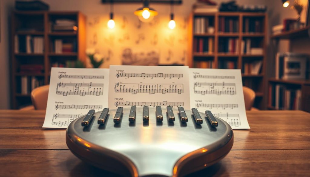 A close-up view of an 11-note tongue drum placed on a wooden table, surrounded by neatly arranged cartography notes and diagrams illustrating the notes on the drum. The foreground features a beautifully crafted tongue drum with a shiny surface, reflecting soft, golden light, emphasizing its metallic accents. In the middle, colorful notes and diagrams showcase the layout of the notes, featuring musical symbols and clear labeling in a visually engaging manner. The background is softly blurred, depicting an inviting, ambient workspace with warm lighting, wooden shelves filled with books, and a peaceful atmosphere, enhancing the mood of creativity and learning. The image conveys a sense of focus and inspiration for musical exploration. A close-up view of an 11-note tongue drum placed on a wooden table, surrounded by neatly arranged cartography notes and diagrams illustrating the notes on the drum. The foreground features a beautifully crafted tongue drum with a shiny surface, reflecting soft, golden light, emphasizing its metallic accents. In the middle, colorful notes and diagrams showcase the layout of the notes, featuring musical symbols and clear labeling in a visually engaging manner. The background is softly blurred, depicting an inviting, ambient workspace with warm lighting, wooden shelves filled with books, and a peaceful atmosphere, enhancing the mood of creativity and learning. The image conveys a sense of focus and inspiration for musical exploration.