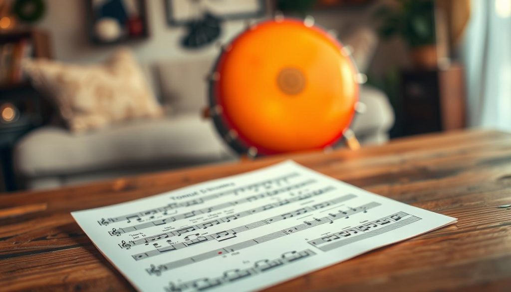 A detailed tongue drum sheet is prominently displayed in the foreground, showcasing colorful and clearly marked notes designed for beginners. The sheet rests on a rustic wooden table, its natural grain visible, enhancing the warm, inviting atmosphere. In the middle ground, slightly blurred, a well-played tongue drum in a vibrant hue adds depth, evoking a sense of musical exploration. The background features soft bokeh of a cozy room, with warm ambient lighting casting gentle shadows. Ideal for beginners, the overall mood conveys inspiration and accessibility, inviting new learners to engage with this beautiful instrument. The image should be crisp and clear, captured from a slightly elevated angle to highlight the intricate details of the sheet music and the drum.