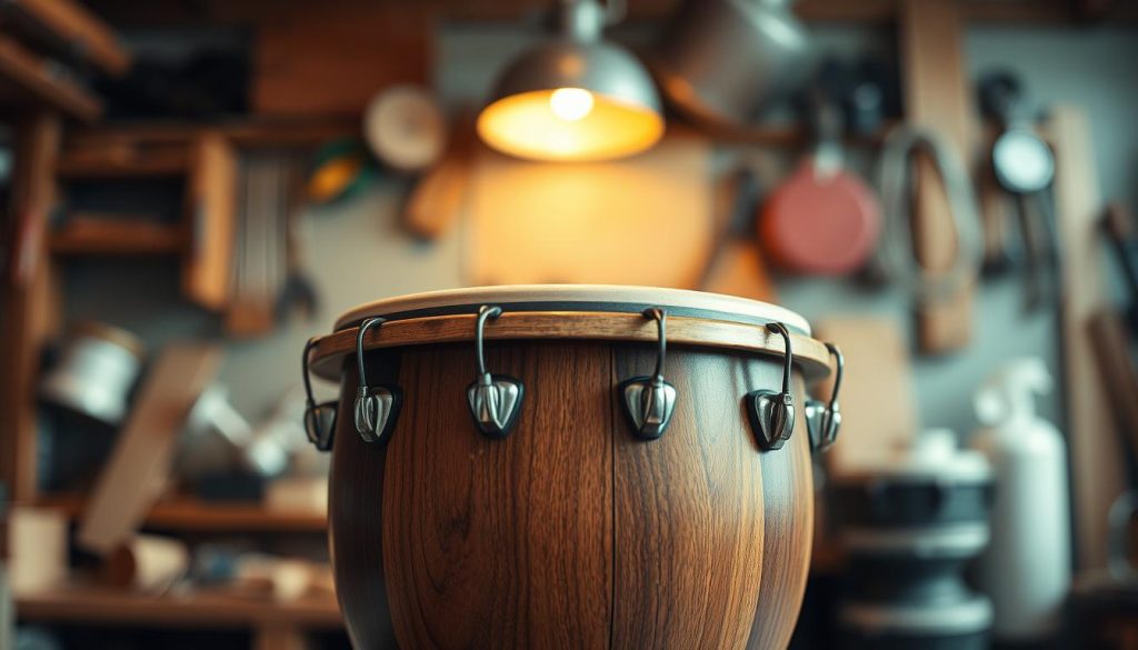 A high-quality image of an 8-note tongue drum made from various materials, prominently displayed in the foreground. The drum should feature a rich, wooden texture, reflecting the natural hues of the wood grain, alongside sections of metal alloy for the tone creating areas. In the middle ground, include a soft, glowing ambient light that highlights the drum's intricate design and craftsmanship. The background should be a blurred workshop scene, with tools and materials subtly visible, evoking a crafting atmosphere. Use a shallow depth of field to keep the focus on the drum, while warm lighting creates a serene and inviting mood. The overall composition should convey a sense of craftsmanship and musicality.