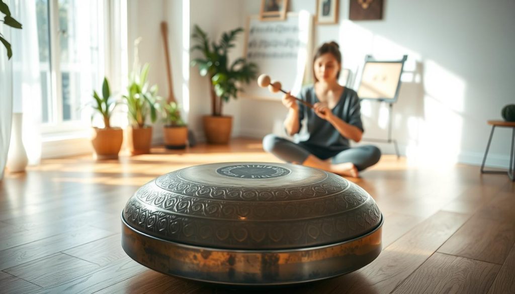A serene indoor setting showcasing a well-crafted tongue drum, made of steel with intricate patterns, positioned prominently in the foreground. Soft morning light filters through a large window, casting gentle shadows and illuminating the warm, wooden floor. In the middle ground, a person dressed in modest casual clothing sits cross-legged, focused on practice techniques, with a pair of mallets poised above the drum. The background features a cozy room filled with plants and musical notes displayed on a stand, creating an inviting atmosphere. The mood is tranquil and inspiring, evoking a sense of dedication and passion for learning. The image captures the essence of effective practice methods for the tongue drum, emphasizing artistry and mindfulness.